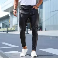 Pantalon Long en cuir pour hommes, coupe cintrée, motard d'extérieur, pantalon en cuir PU, jean serré, pantalon à pieds, Style rétro, tissu mixte 4