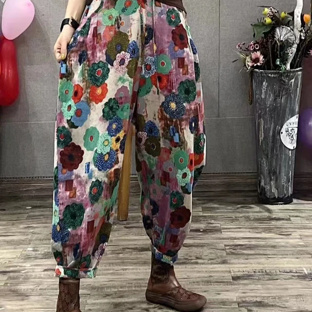 Pantalones bombachos de lino con estampado coreano para mujer, pantalón  holgado de cintura alta con estampado…