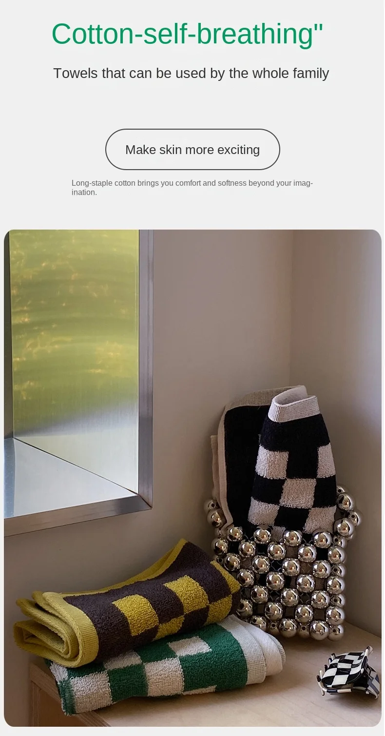 Description Picture 6 of itemColor matching retro checkerboard check towel long wool cotton face towel household absorbent face towel bath towel gift