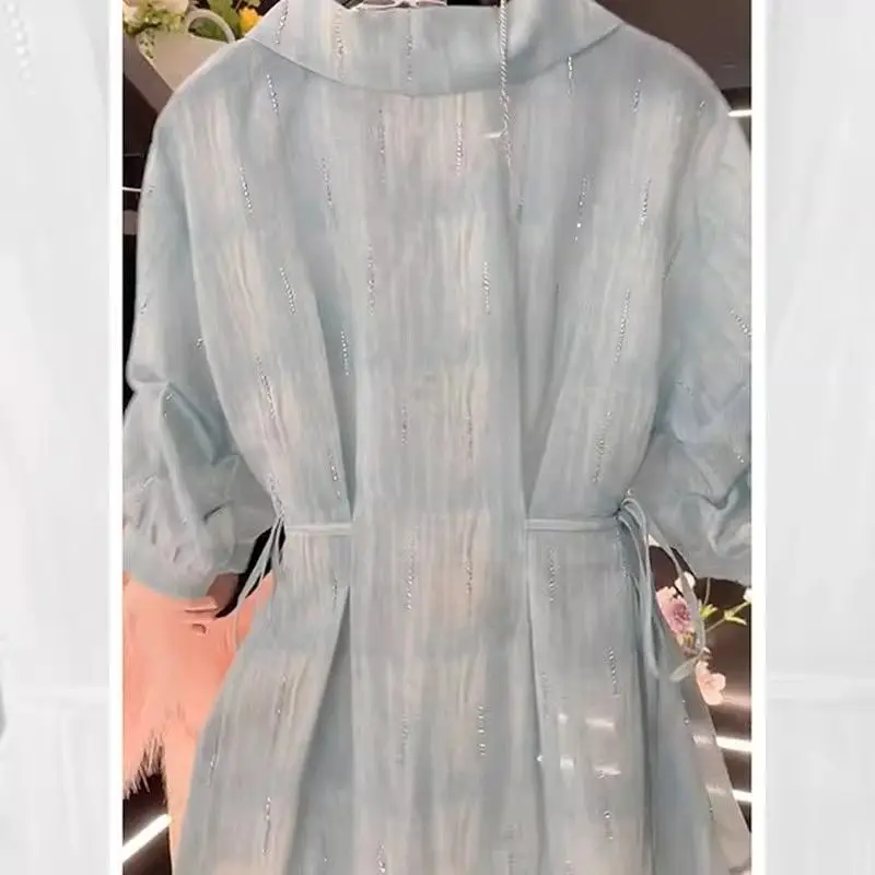 Camicia con colletto POLO in vita con lacci sbavata per donna Estate nuovo cardigan con maniche a sbuffo e top con diamanti - immagine 4