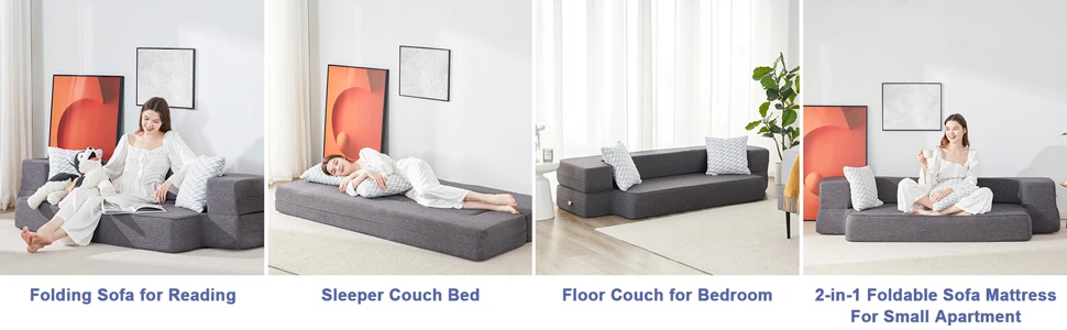 Description Picture 4 of itemFloor Sofa Bed, Fold Out Couch Bed with 2 Pillows & Washable Cover Convertible Sleeper Folding Sofa Bed Mattress for Living Room