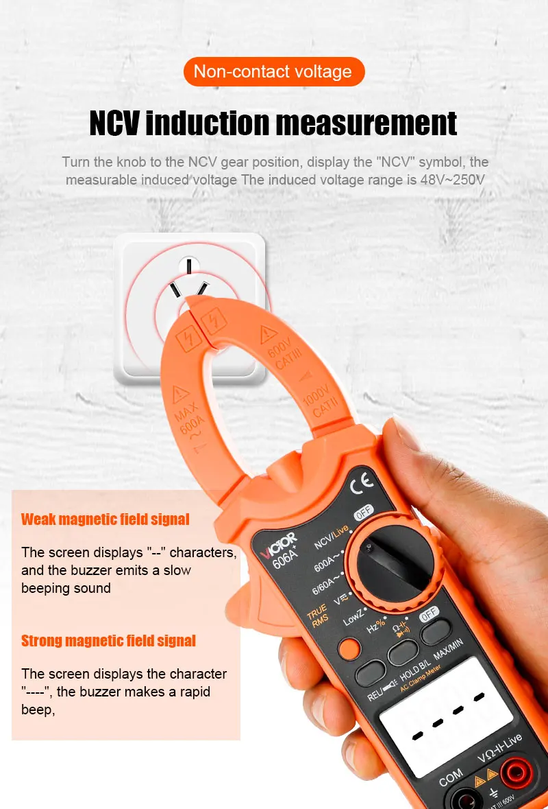 VC606+ Series Low Impedance Clamp Meter 5999 Digit Display 35mm 600A Inrush Curr