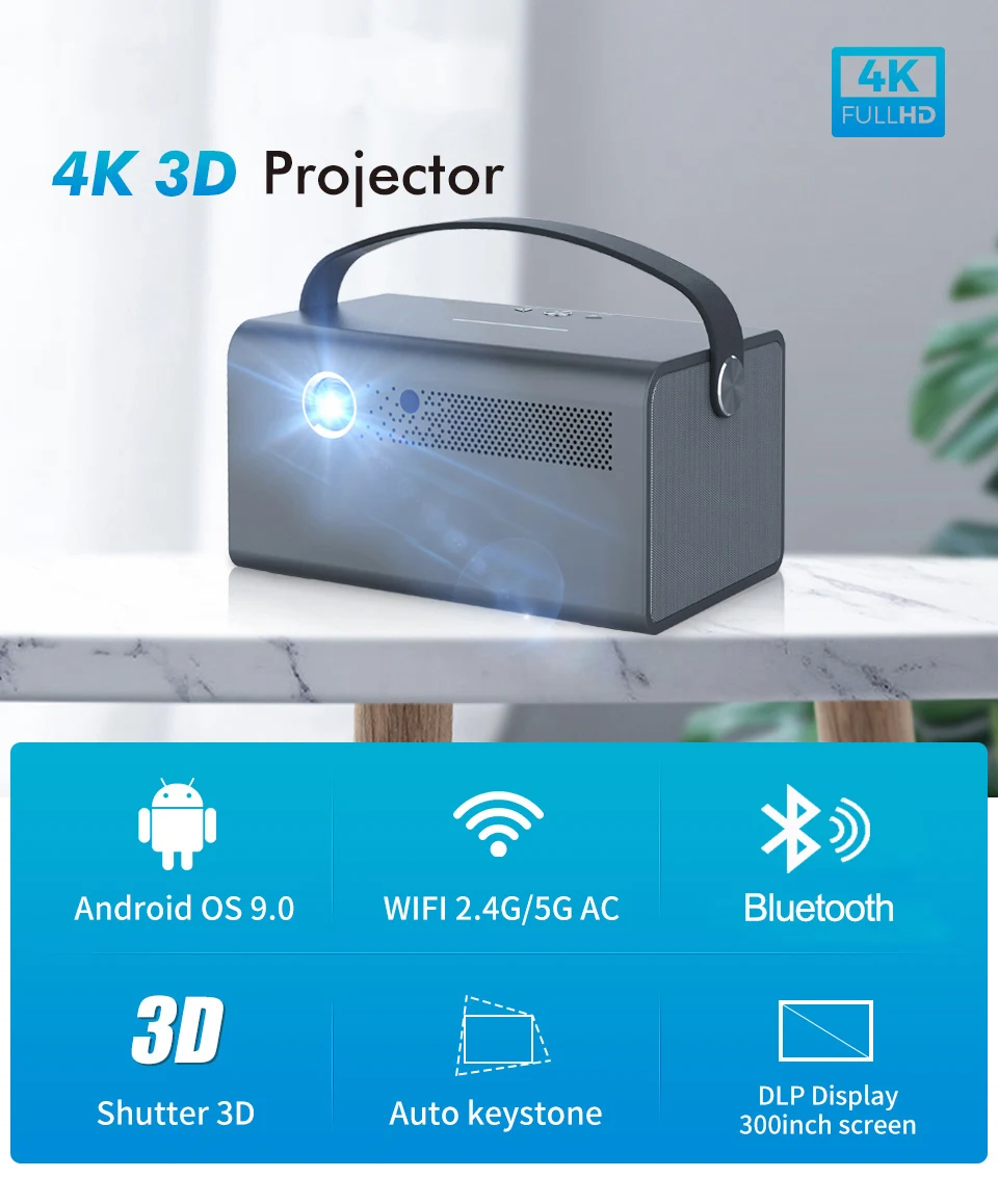 DLP 안드로이드 9.0 와이파이 LED 리얼 3D 프로젝터, 휴대용 홈 시어터 비디오 게임, 자동 키스톤 프로젝터, 미니 비머, 300 인치, 4K