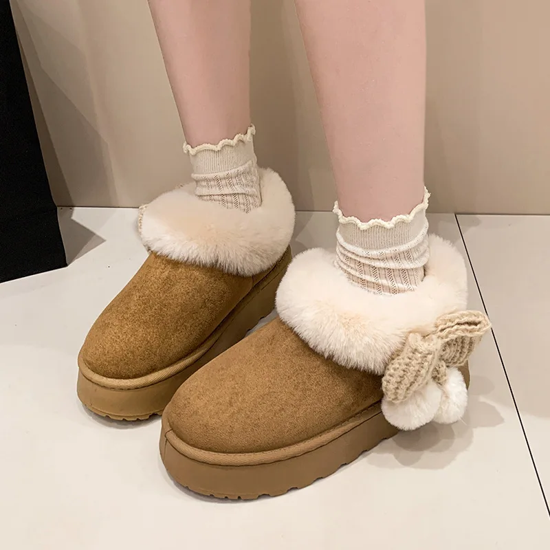 Sweet Fur Ball Bowknot Fluffy Snow Boots Women Winter Thicken Warm Plush Cotton Shoes Woman Faux Fur Platform Ankle Botas Mujer