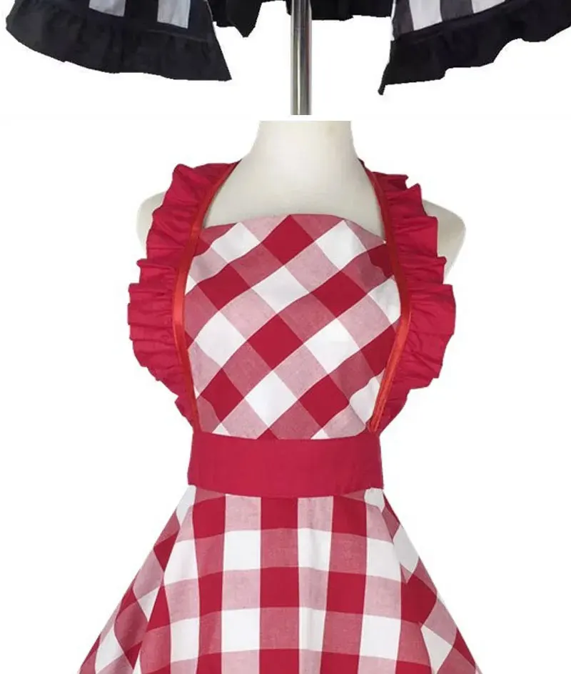 Niedliche Schürze mit Taschen, Retro-Schürze in Rot-Weiß-Karomuster, Weihnachts-Schürze, ärmellose Schürzen zum Kochen, verstellbare Küchenschürzen für Damen und Mädchen. – Detail 6