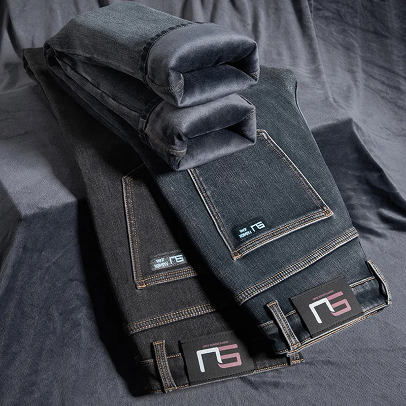 

Men's Jeans Winter New Retro Fleece Pants Stretch Thick Warm Fashion Straight Slim Plush Denim Trousers Male Brand