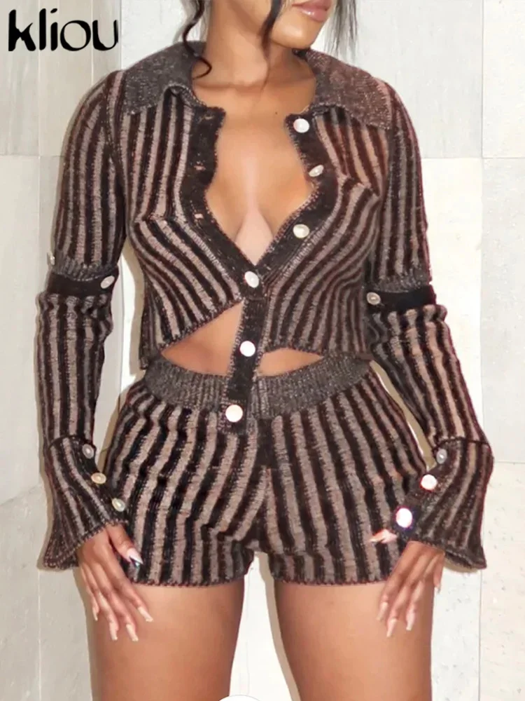 

Knitted Streak Two Piece Set Women Solid Single Breasted Skinny Cardigan Tops+ Casual Stretchy Shorts Female Strt Suits