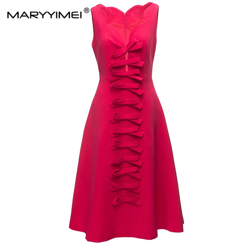 

MARYYIMEI New Spring Summer Women's Princess dress Sleeveless Hollow Out Bow Appliques Banquet Party V-Neck Dresses