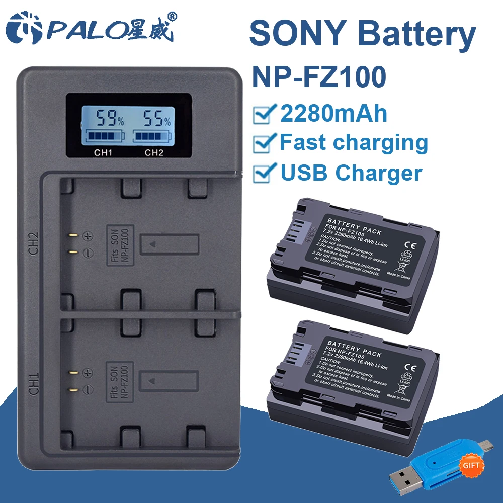 

PALO NP FZ100 NPFZ100 NP-FZ100 Battery + LCD Dual USB Charger for Sony Alpha A7III A7R III A9 Alpha 9 A7R3 A6600 BC-QZ1 Battery