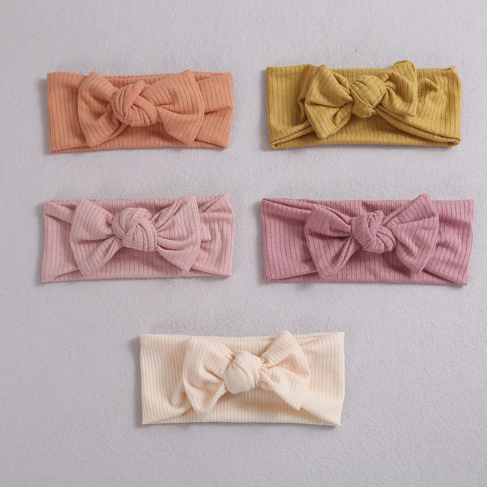 

5Pcs Soft Elastic Knit Nylon Headband Solid Bowknot Baby Hair Accessories The New Cotton Ribbed Child Headbands Newborns Turban