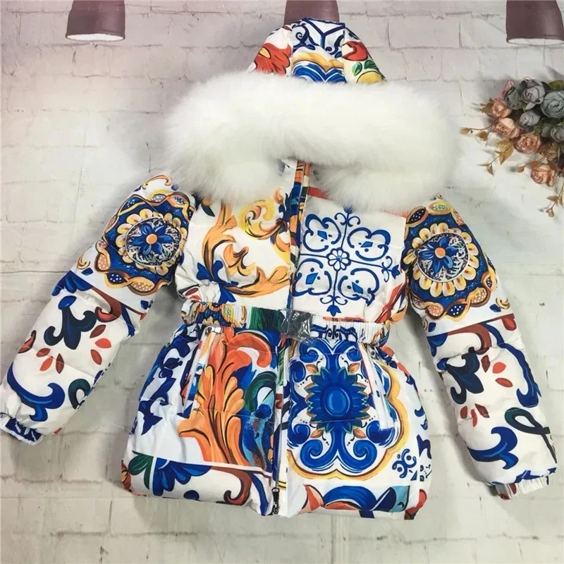 

2023 New Brand Girls Winter Coat Goose Down Winter Clothes for Girls Real Big Fur Collar Boys Jacket 0-12 Year Old