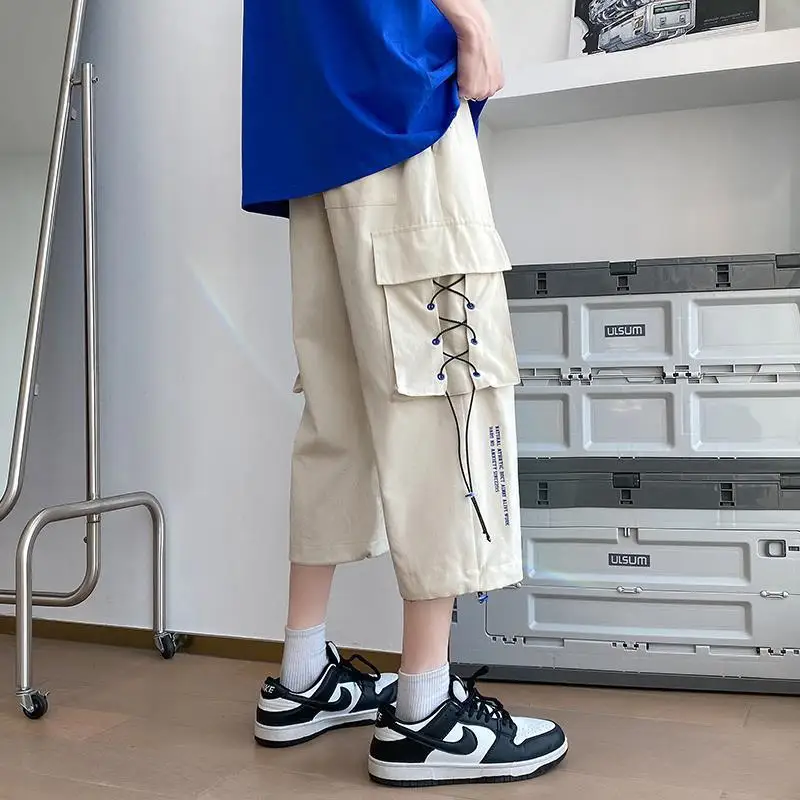 Summer Elegant Fashion Harajuku Slim Fit Ropa Hombre Loose Casual All Match Cropped Pants Thin Style Pockets Straight Leg Pants