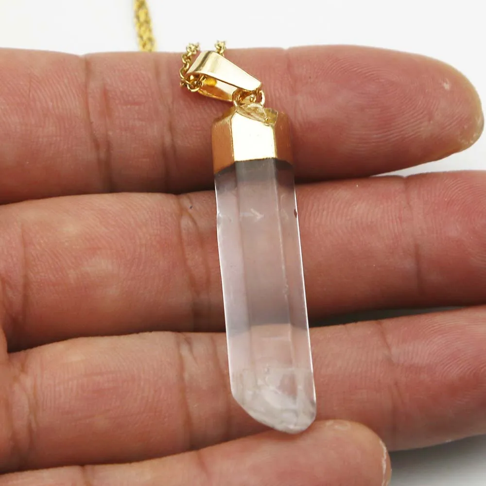 Natural Stone White Crystal Post Plated Gold Pendant Necklace Stainless Steel Chain Charm DIY Jewelry Accessories Wholesale 6Pcs