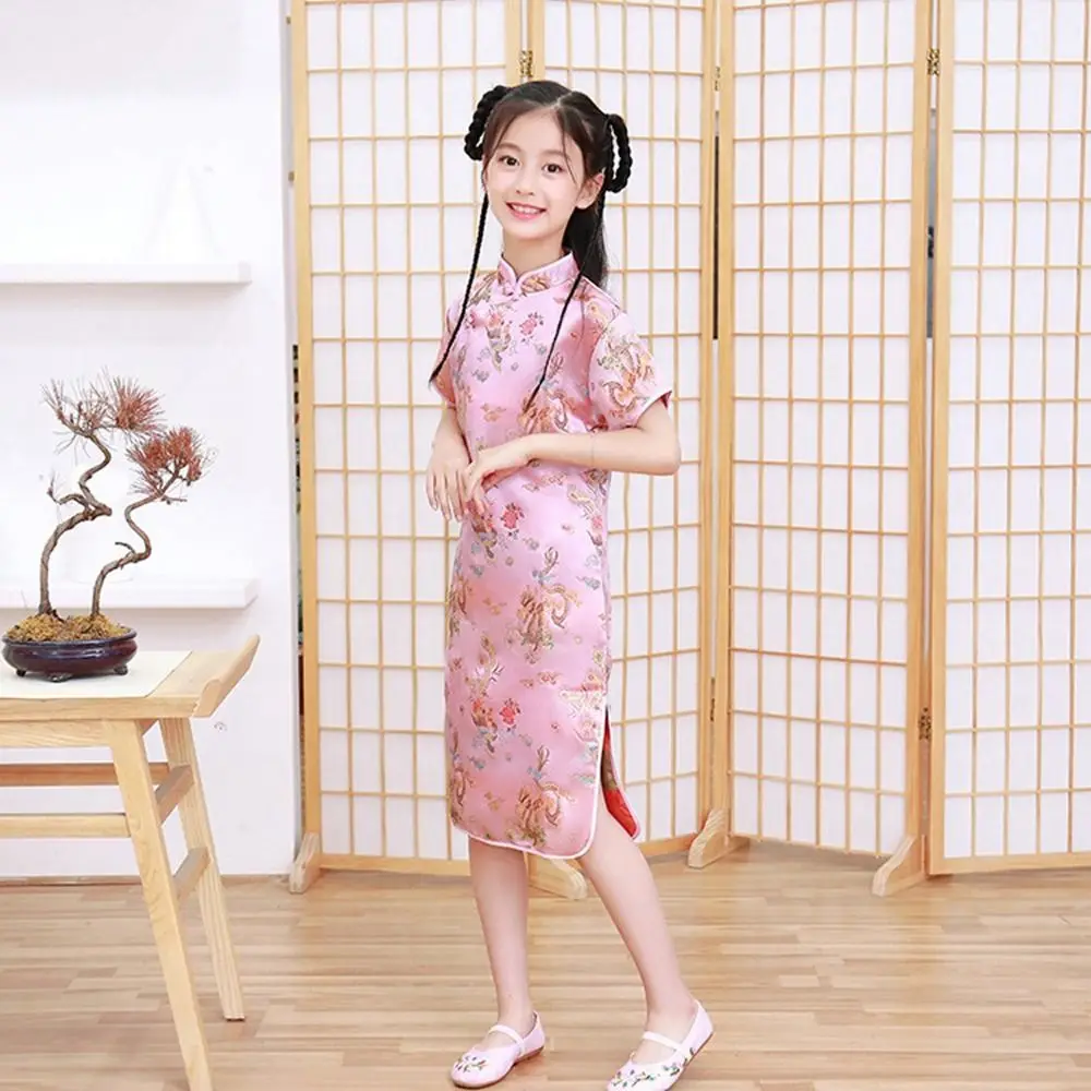 Dragon Phoenix Pattern Niche Design Autumn Silk Chinese Style Dress Girls Skirt Kids Traditional Dress Qipao Girls Cheongsam