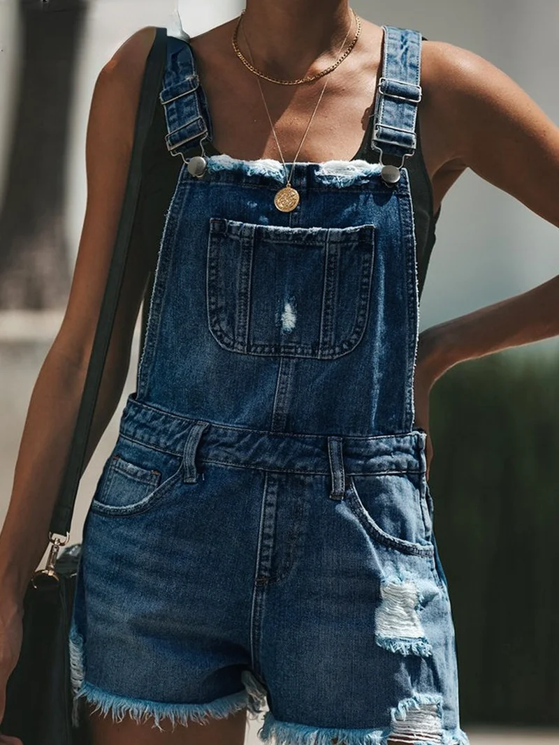 Denim Overalls Women's Ripped Short Short Jumpsuit High Waist Casual Jeans Jumpsuit 2023 Summer Washed Denim Jumpsuit Overalls