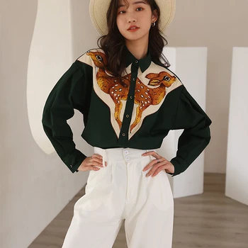 CHEERART Deer Embroidered Long Sleeve Shirt Vintage Button Up Collar Dark Green Shirt For Women Designers Tops And Blouses 2021