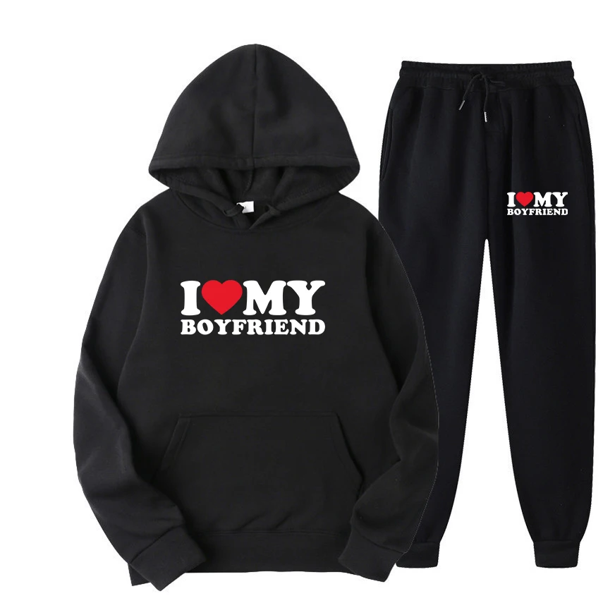 

I Love My Boyfriend Sayings Quote Valentine Men Women Sweater Set Multi Color 2023 Fashion Printing Hoodies Set Dropshipping