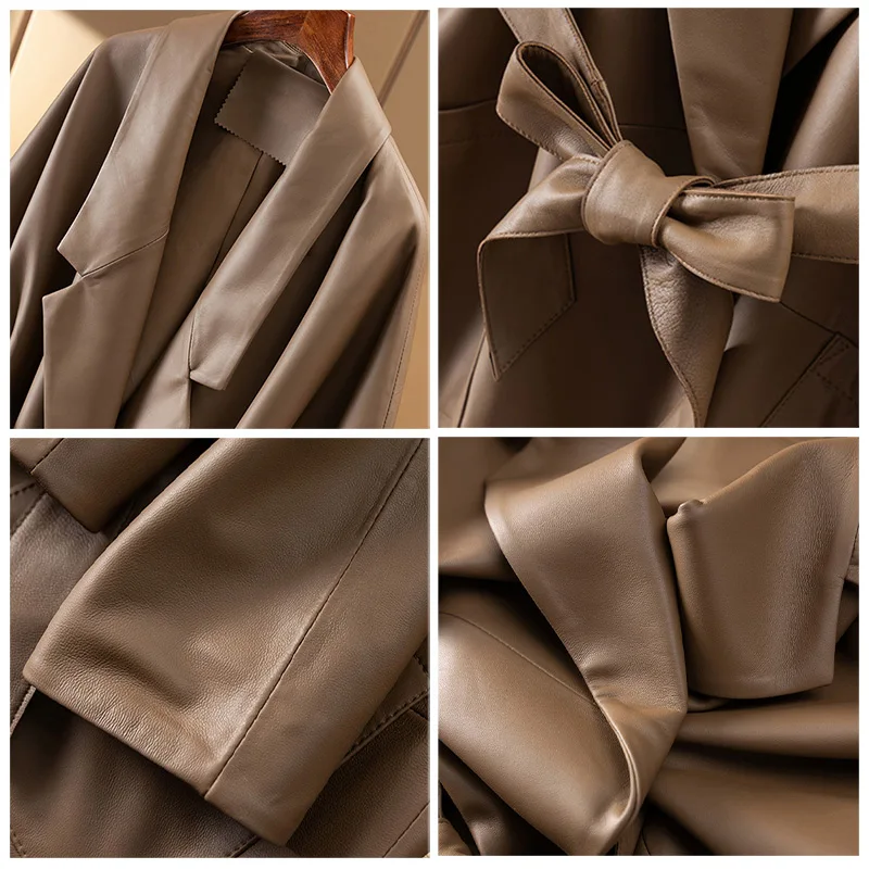 Lady Oversize Leather Jackets 2023 New Autumn Winter Sheepskin Coat Full Sleeve With Belt Women Clothing FG5452