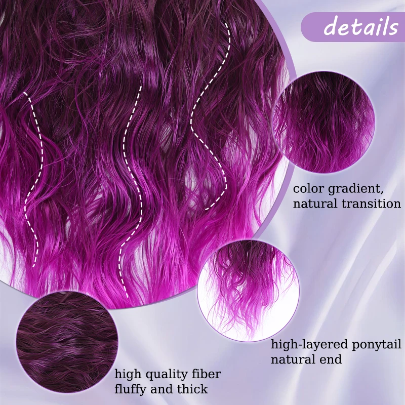 Purple Curly Hair Ponytail Extensions Wig 20inch Gradient Purple Water Wave Ponytail Claw Clip Hairpiece for Women Christmas Use