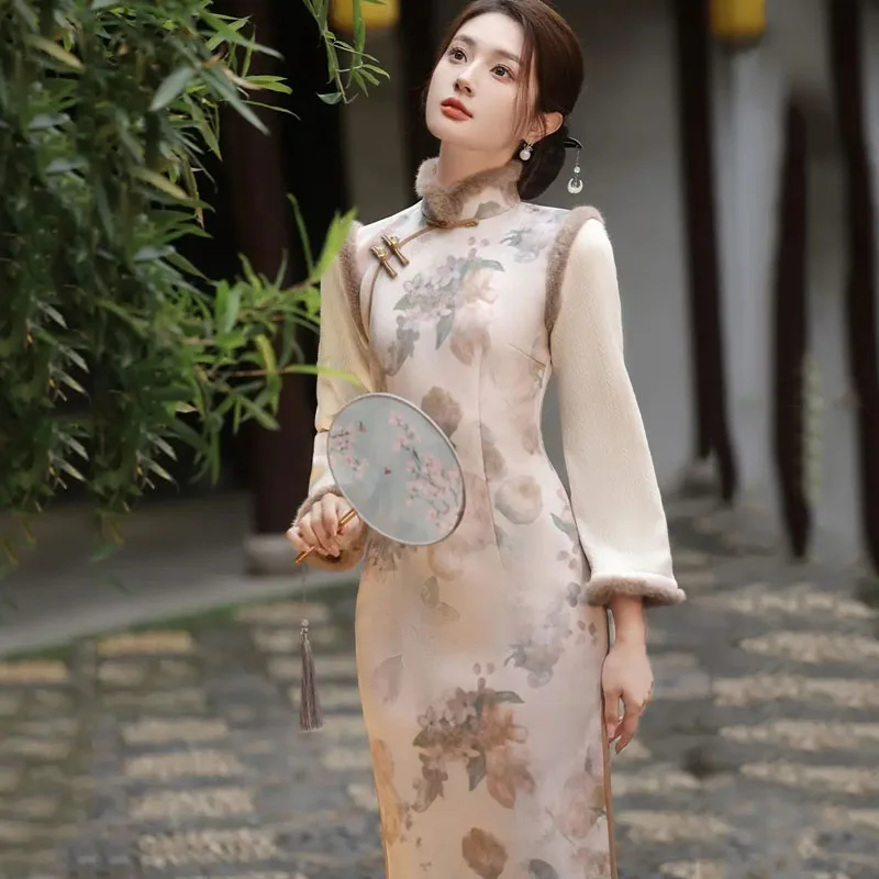 

Cheongsam Women's Plus Size 2024 Cotton Blend Prints Splicing Stand Collar Thickening Chinese Style Skinny Qipao Dresses Woman