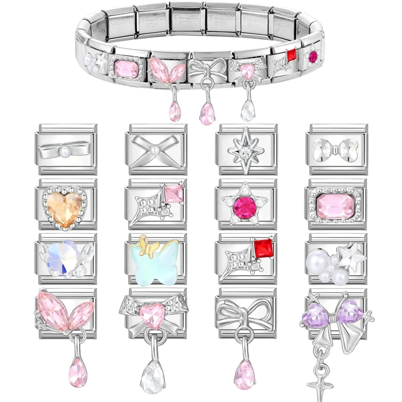 Shiny Bow Knot Butterfly Heart Star Zircon Water Drop Italian Charm Links Fit 9mm Stainless Steel Bracelet Women DIY Making