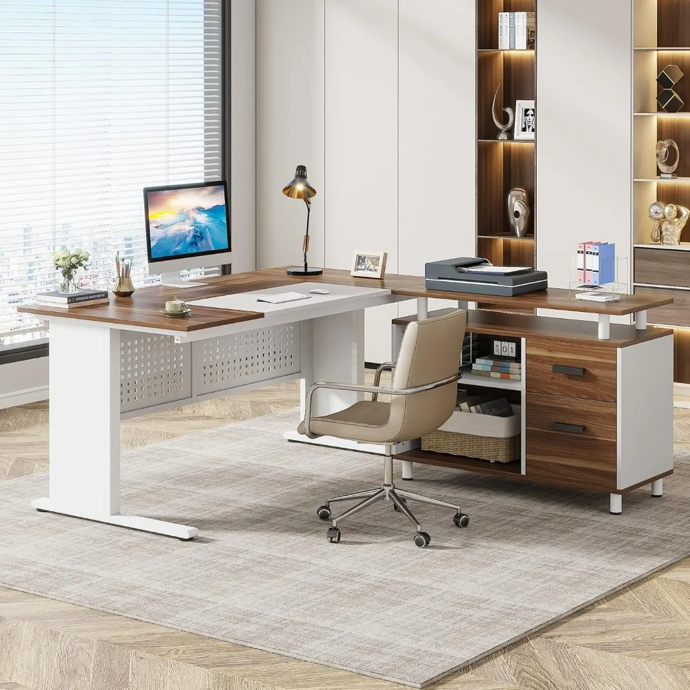 63 Inch Executive Desk with File Cabinet,  Drawers and Storage Shelves, Business Furniture Desk Workstation, L Computer Desk 2