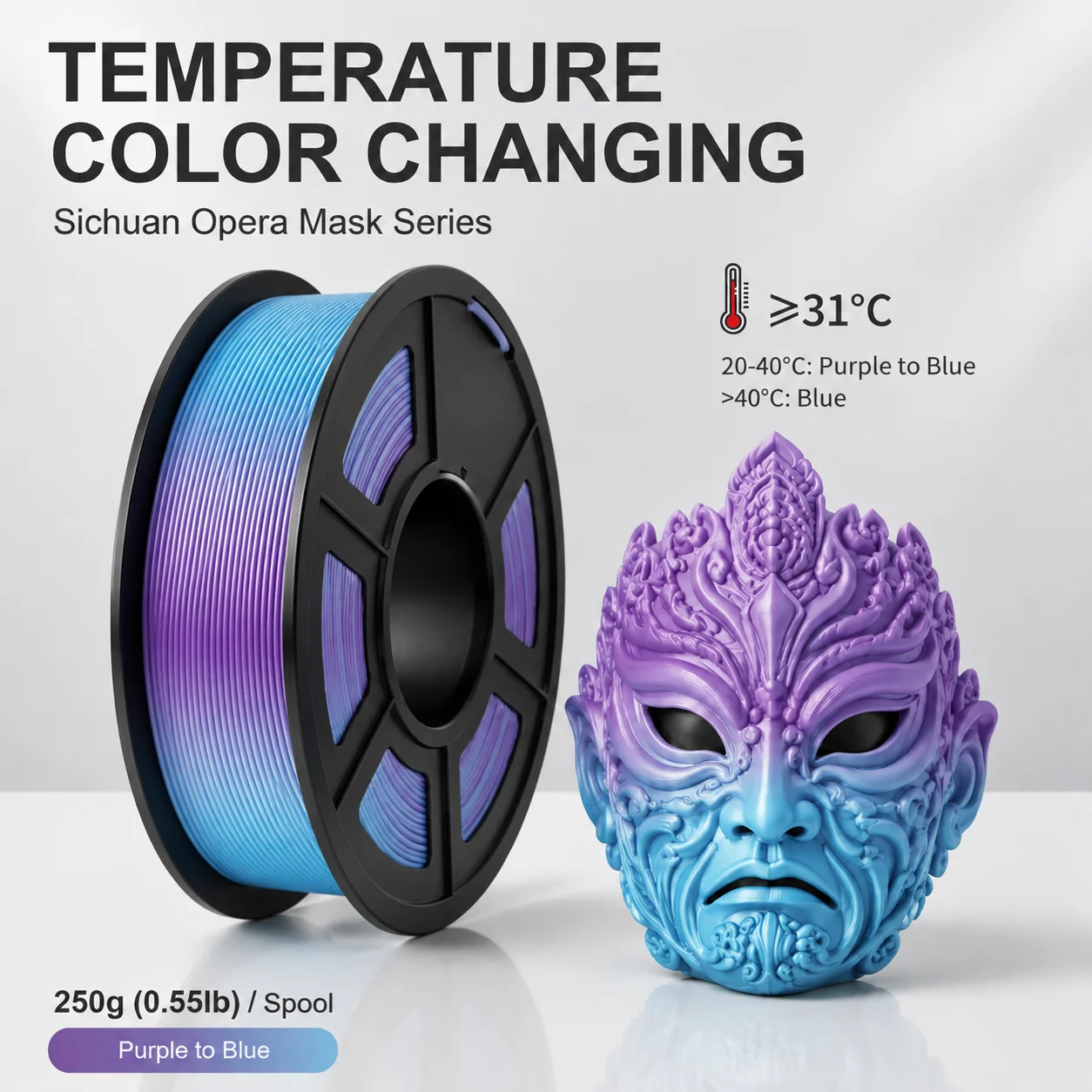 1.75mm 열변색 PLA 필라멘트 250g, 녹색-주황색-노란색/보라색-파란색 변색, FDM 3D 프린터용 ±0.02mm 정밀도