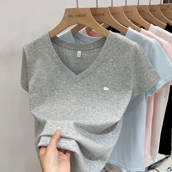 عالية الجودة بلون الخامس الرقبة تي شيرتات قصيرة الاكمام المرأة الصيف 2025 عادية فضفاضة تناسب تنوعا القمم Harajuku الشارع الشهير 4