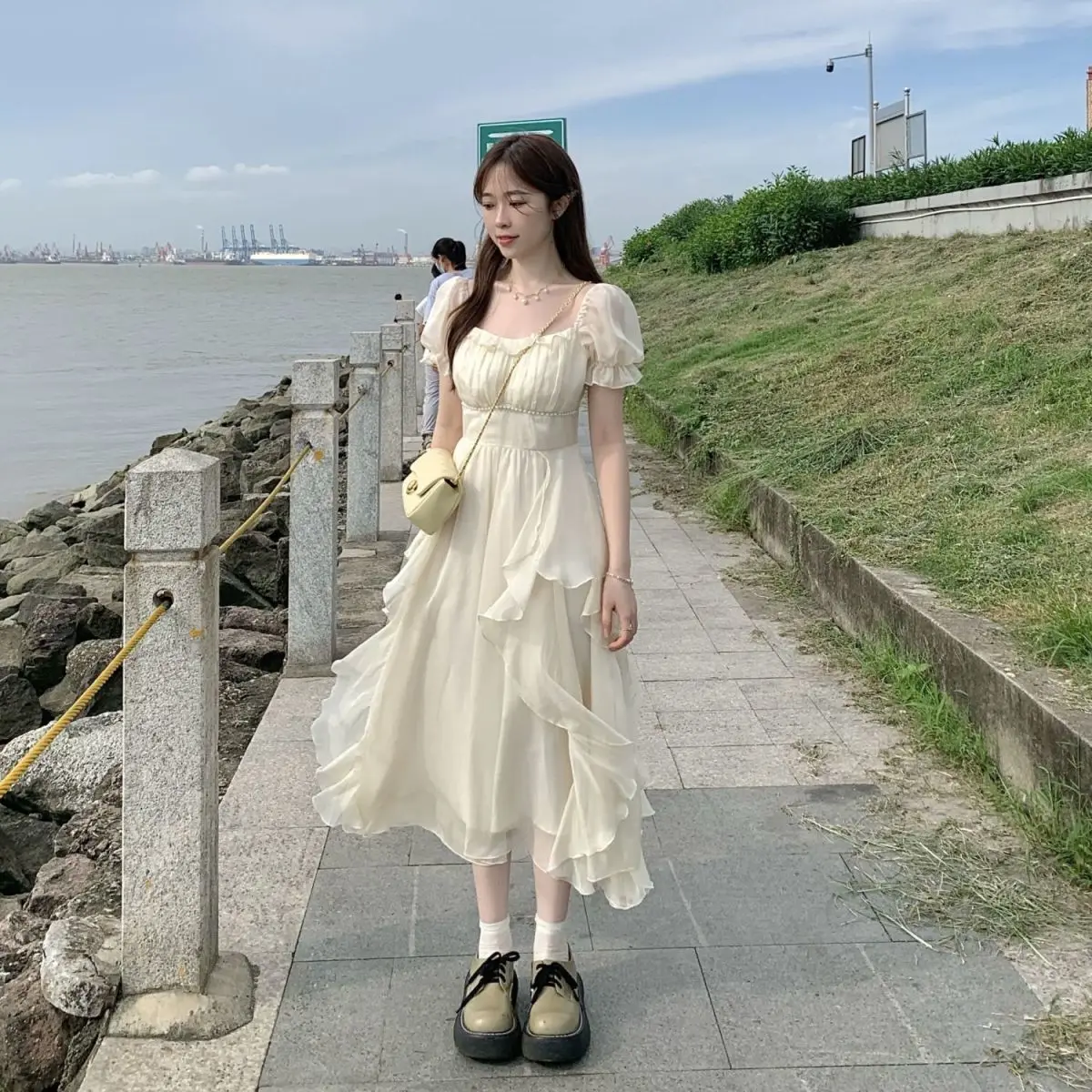 【flowoom】韓国◆Fairy Shell Dress リボン ロングワンピース flowoom】韓国◇Fairy Shell Dress リボン ロングワンピース