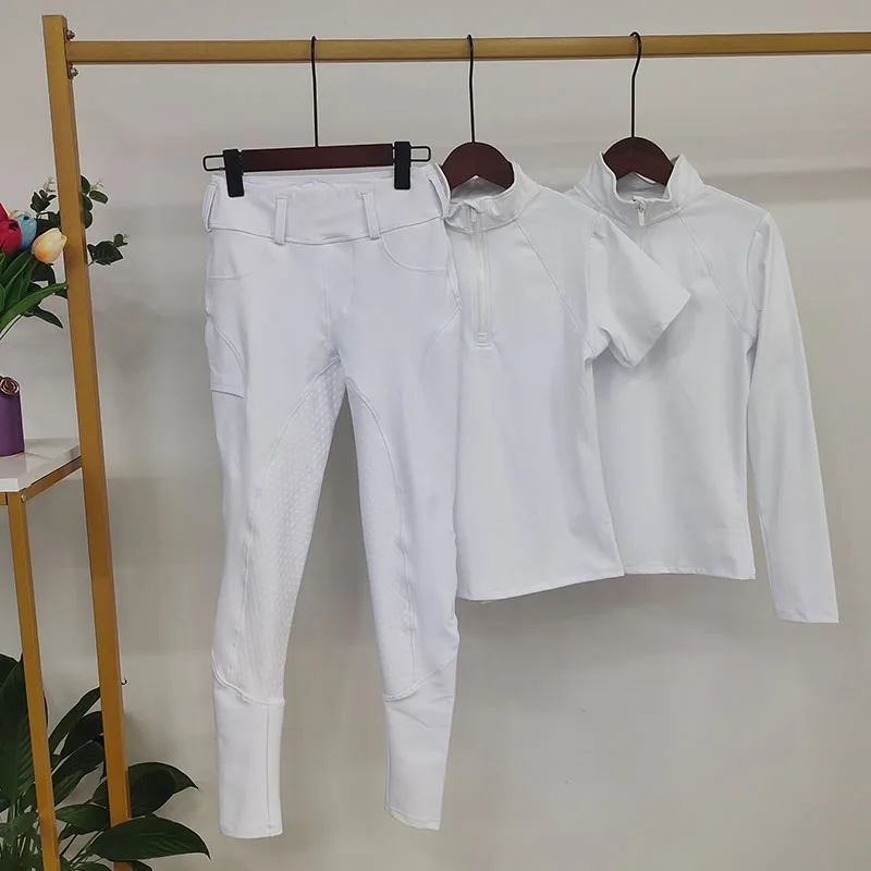 Conjunto de ropa de equitación para mujer, pantalones ecuestres de silicona de asiento completo, trajes deportivos, Leggings de equitación, camisas, Tops a juego