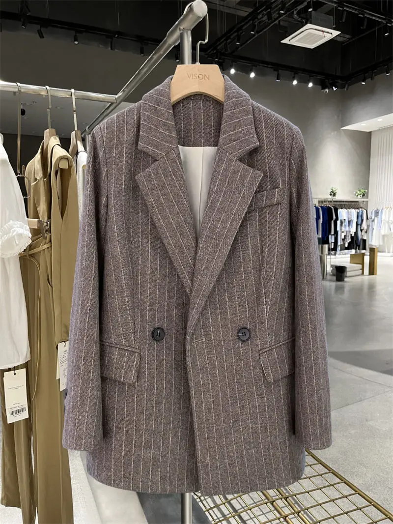 

Шерстяной Блейзер французский серый повседневный костюм пальто женский Осень Зима 2023 Новый Винтажный корейский стиль полосатая куртка Z033