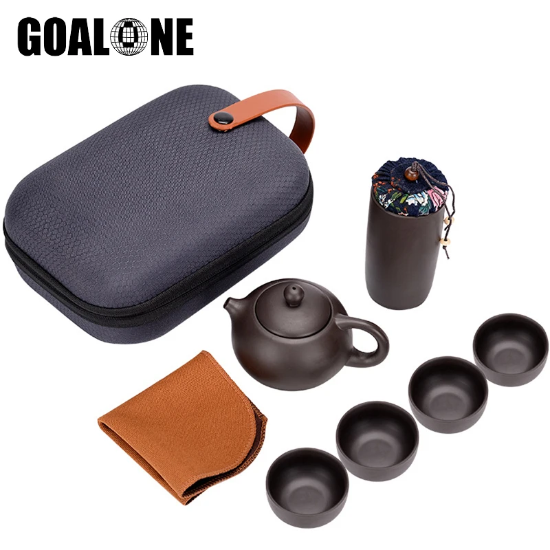 

Portable Kungfu Tea Set Mini Ceramin Teapot Set with 1 Tea Pot 4 Teacups 1 Loose Leaf Tea Can 1 Cleaning Cloth for Travel Hotel