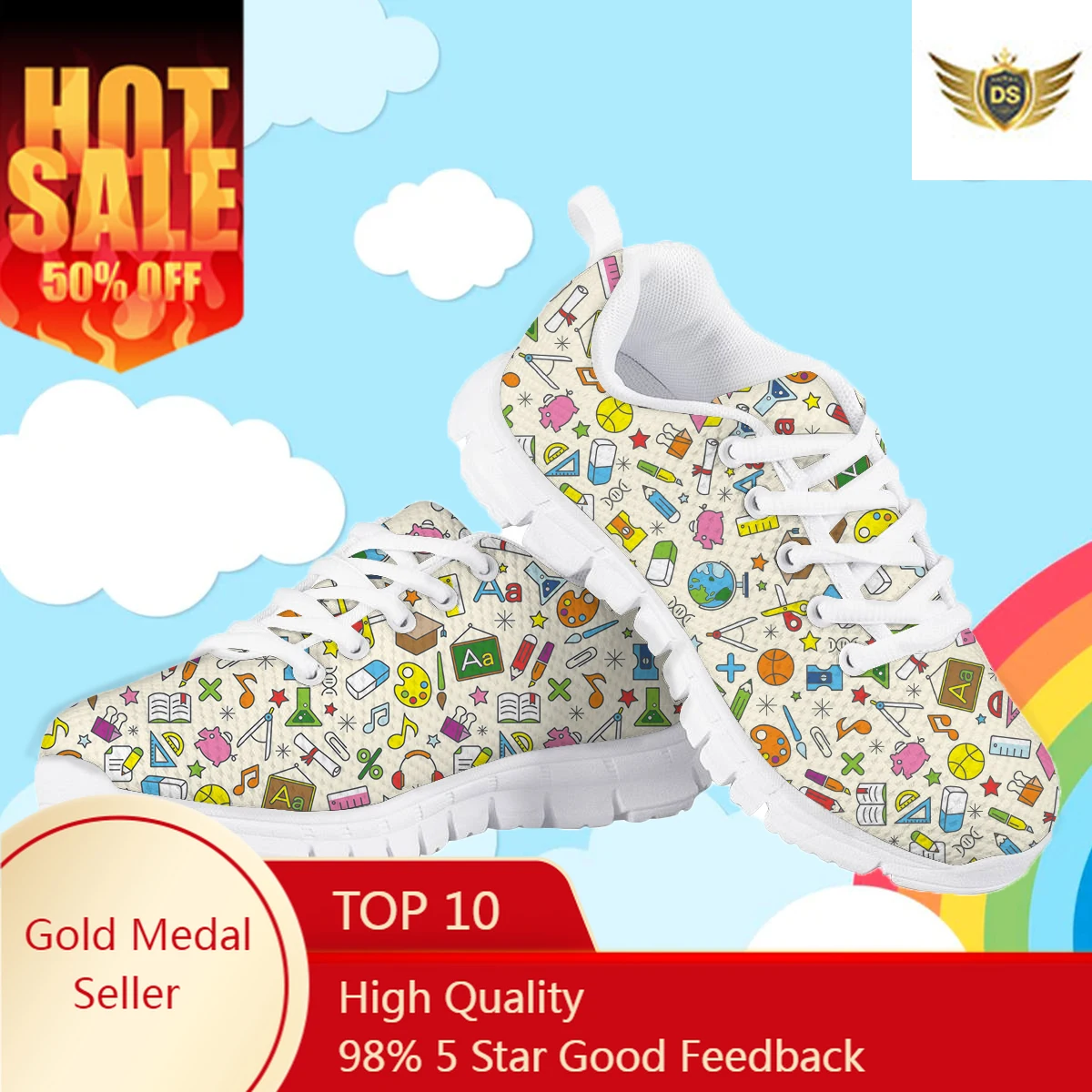 New Trend Kids Mesh Sneakers Education Icons Pattern Lace Up Flat Shoes Fashion Lightweight Children Running Shoes Zapatillas