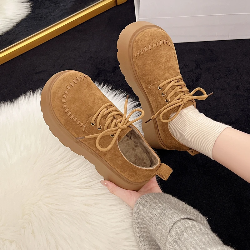 Aphixta Winter Platform Woman Casual Shoes Camel Lace Up Suede Chunky Heel Woman Shoes Warm Short Plush Weave Design Footwear