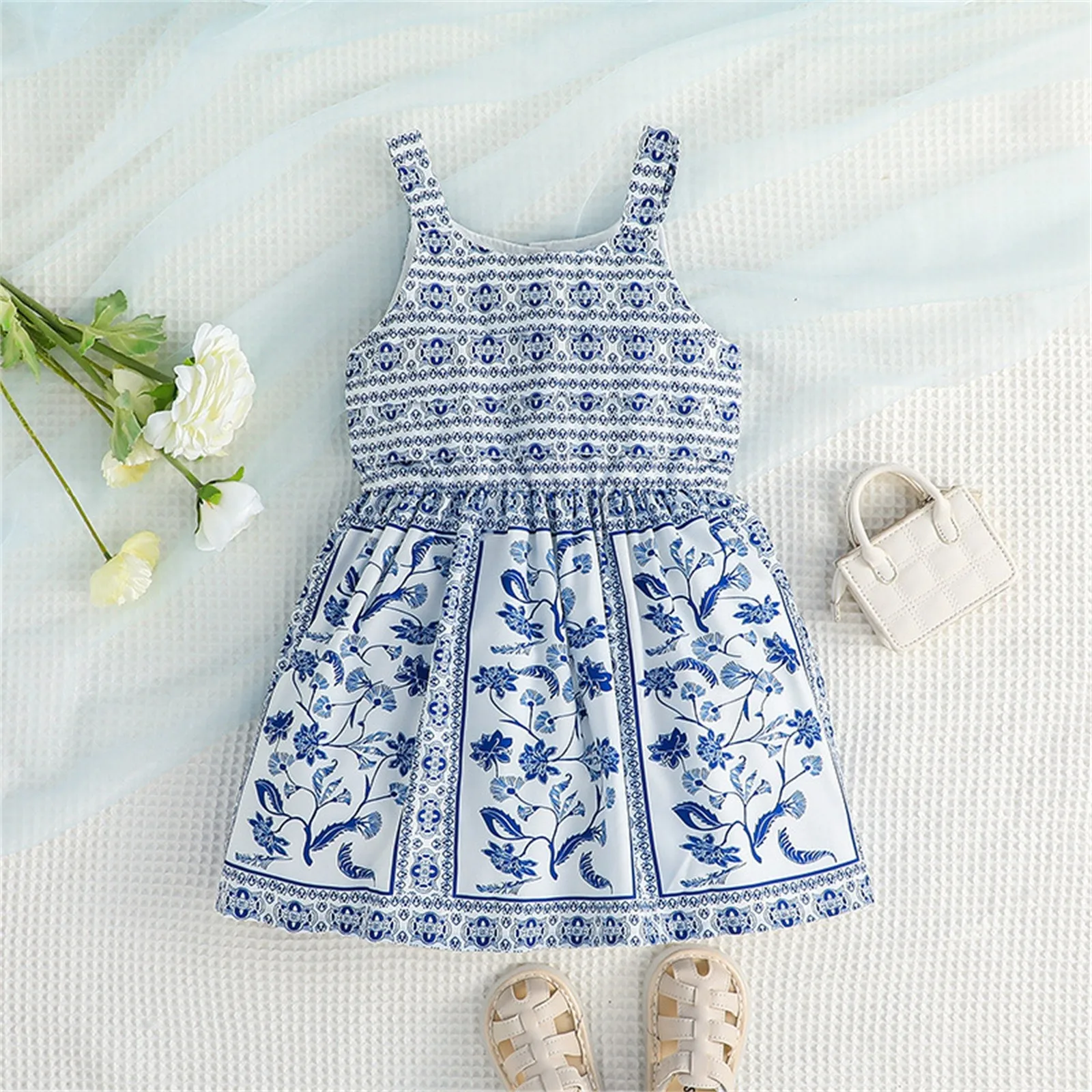 

Vintage Kids Girls Dress Children Celadon Floral Print Button Design Summer Princess Dress Daily Wear Baby Photography Vestidos