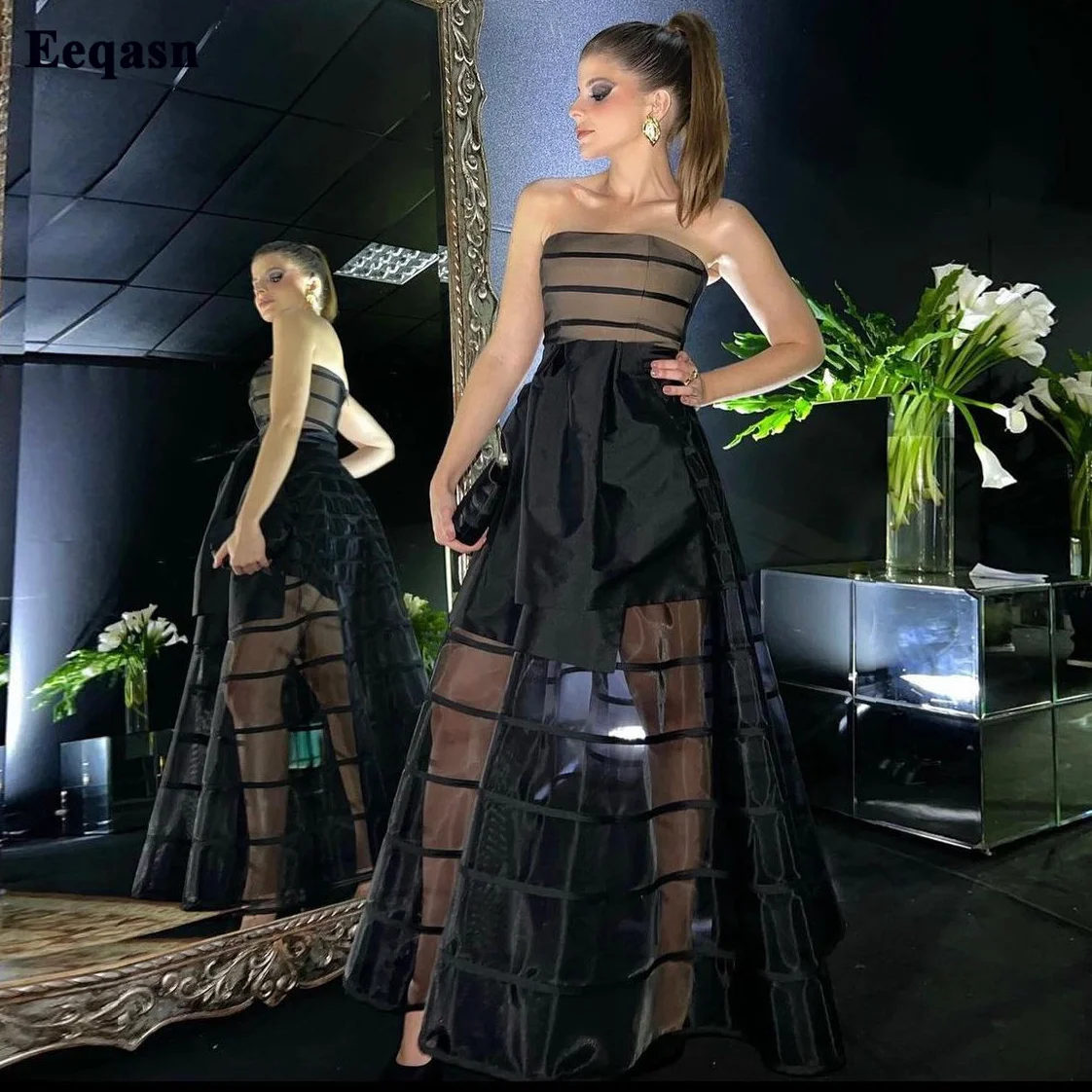 

Simple Black Organza Prom Dresses Strapless Short Lining Evening Dress Floor Length Women Formal Special Occasion Party Gowns
