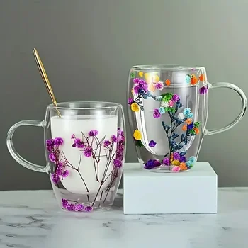 Tazza in vetro con fiori secchi a doppio strato Tazze con motivo creativo Tazza isolata ad alto borosilicato Bicchieri da cucina Accessori per la casa 1