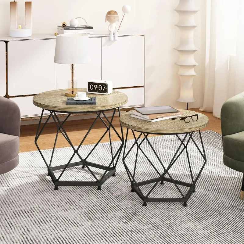Small Round Coffee Table Set of 2, Modern Coffee Table with Metal Frame, Living Room Table with Easy Assembly, Side End Table 4