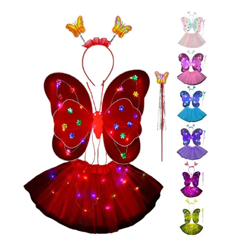 Fairy Wings for Girls 4PCS Butterfly Fairy Costume Glowing Wings Tutu Skirt Wand Headband Fancy Dress Set for Girls 3-8 Butterf