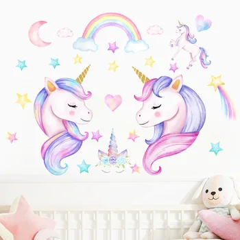 2pcs Cartoon Unicorn Rainbow Wall Stickers for Girls Room Living Room Bedroom Background Wall Decor Pony Wall Decal Nursary Room 1