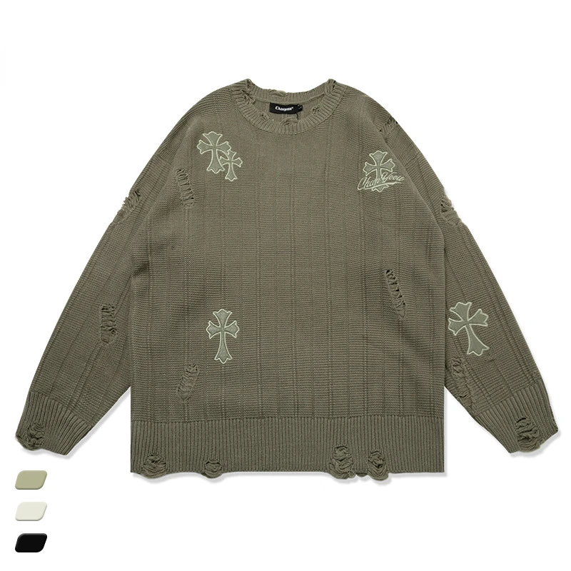 

Autumn Men's Cross Embroidery Broken Sweater Round Neck Loose Couple Knitted Shirt High Street Hip Pop Streetwear Pullovers Men