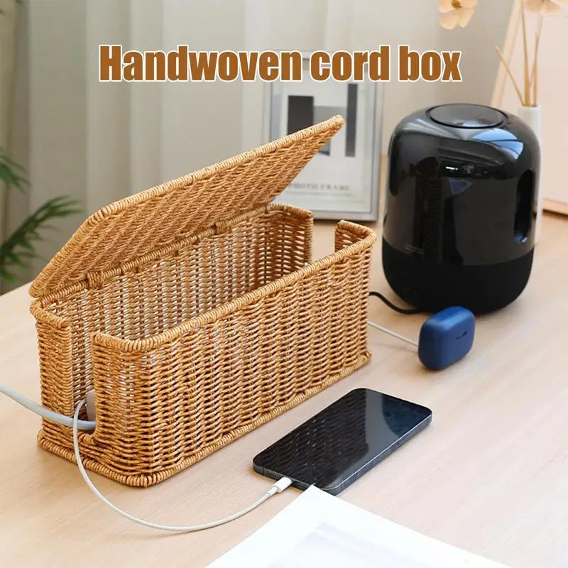 Cable Management Box Charging Station Basket Cord Hider Box With Lid Charging Basket Hand-woven Wire Hider For TV Computer