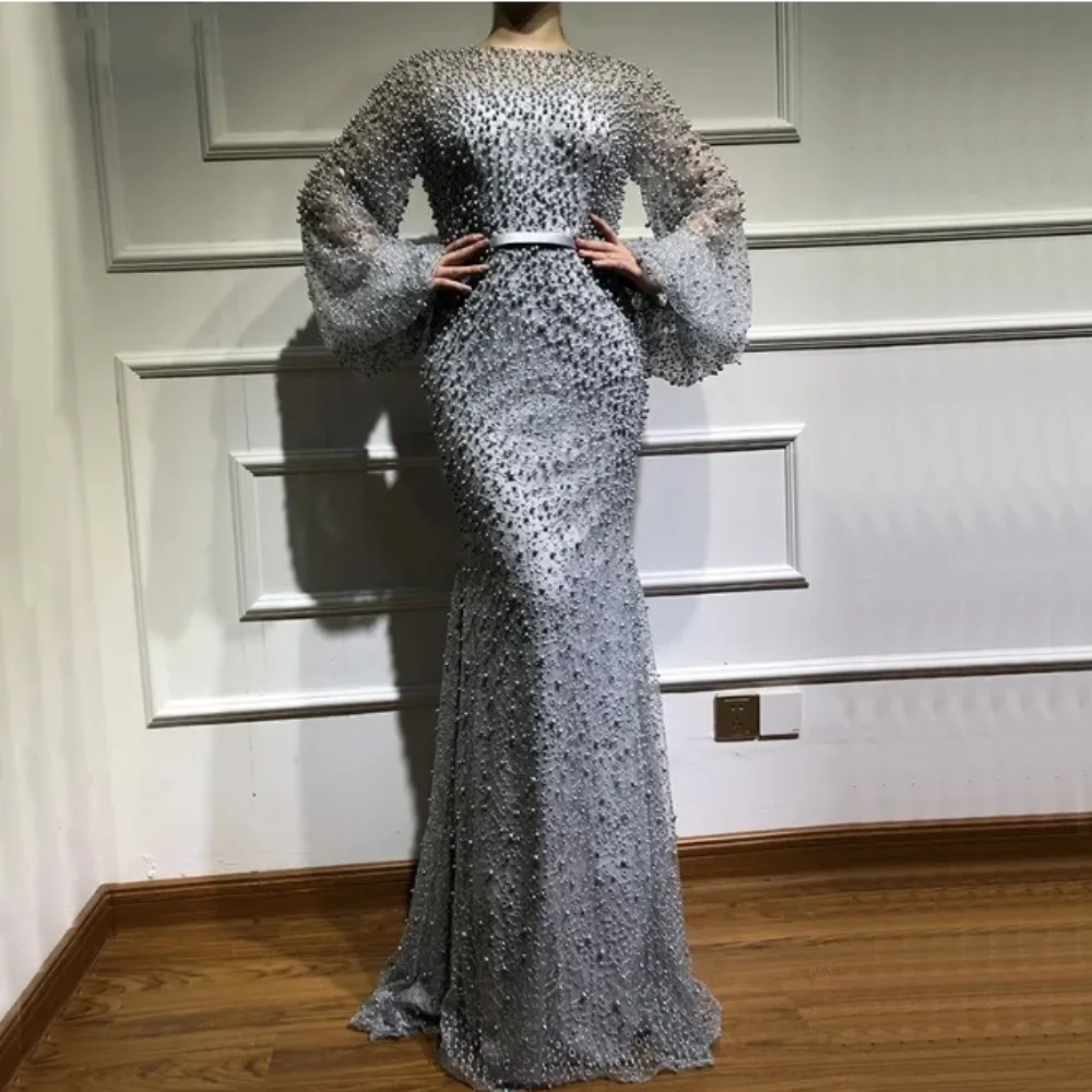 

2024 Luxury Grey Evening Pageant Dress Full Pearls Long Sleeve Mermaid Women Prom Formal Gown Arabic Dubai Custom Robe De Soiree