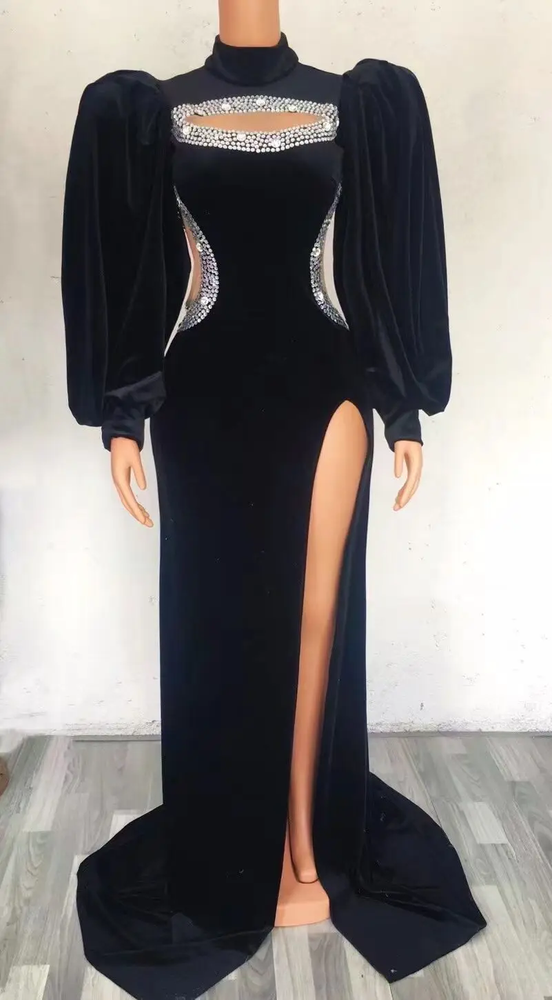 

Big Sleeves Costume Women Dancer Bar Performance Dress Evening Rhinestone Black Velvet Long Train Dress Birthday Prom Party