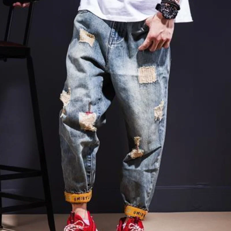 With Print Tapered Men's Jeans Broken Ripped Retro Korean Fashion Man Cowboy Pants Graphic Torn Slim Fit Boot Cut Holes Trousers