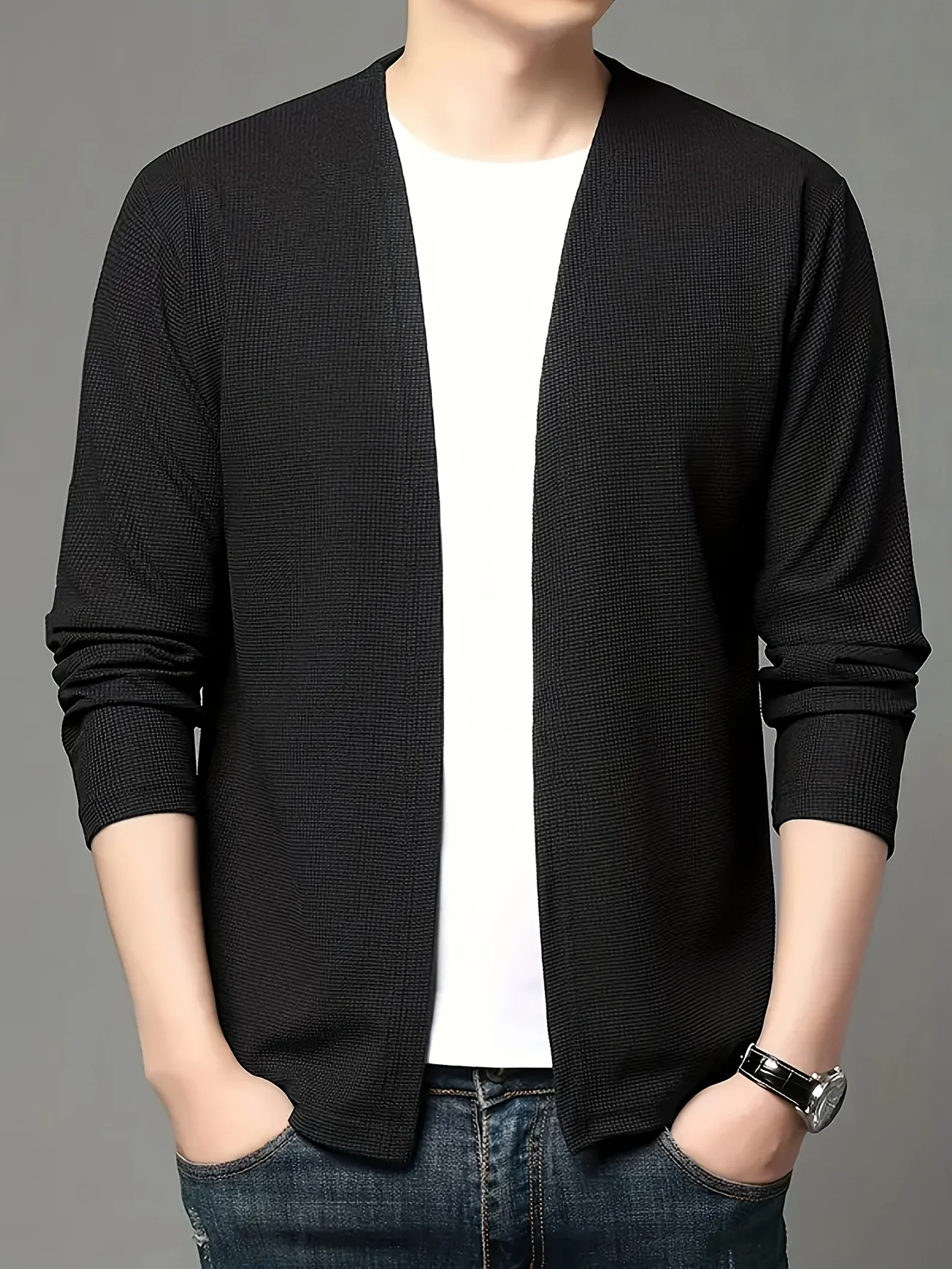 Modische Herren-Strickjacke mit V-Ausschnitt für Frühling und Herbst. Neuer Stil Herrenbekleidung für Männer mittleren Alters und junge Erwachsene – Detail 2