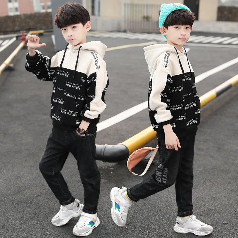 Boys Winter Sweatshirts Hoodie Letter Cotton Pullover Long Sleeve School Children's Costumes Kids Clothes 6 8 10 12 14Years