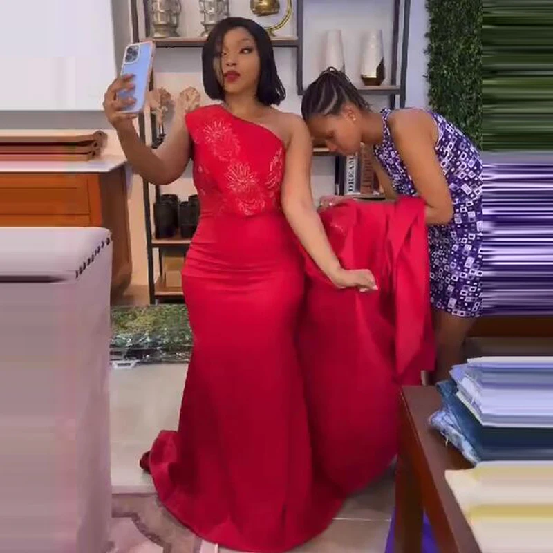 

Женское вечернее платье с юбкой-годе, Красное длинное платье с аппликацией из бисера и шлейфом на одно плечо, платье для выпускного вечера, индивидуальный пошив