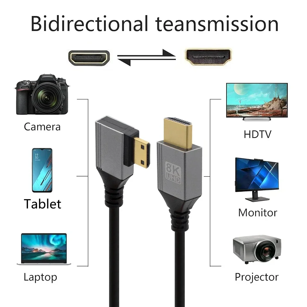 노트북 카메라 태블릿 캠코더용 얇은 코드, 8K UHD 케이블, 0.5m, 1m, 90 도 상하좌우 각도, Mini-HD Micro-HD to HD 포트