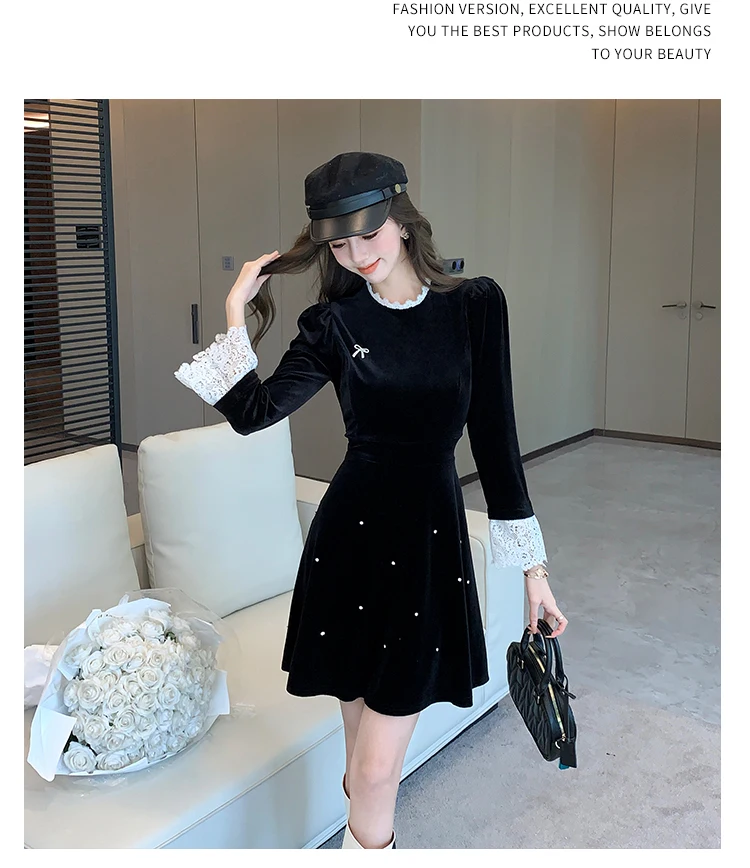 Woman Spring Summer New Elegant Velvet Mini A-line Dresses Long Sleeve Party Fashion One Piece Robe